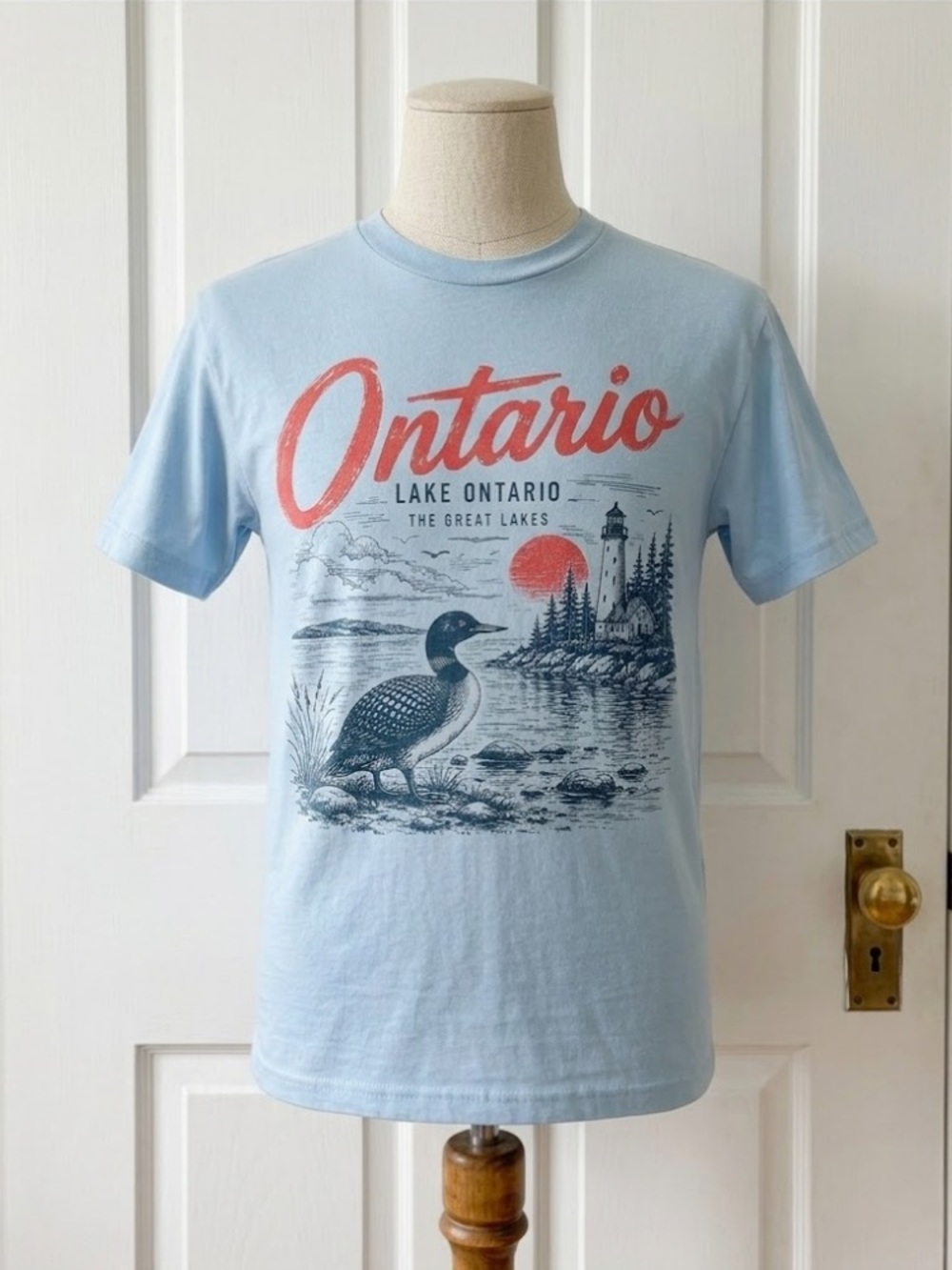 Ontario Lake Vintage Loon Lighthouse Graphic Tee, Great Lakes Wildlife Tee